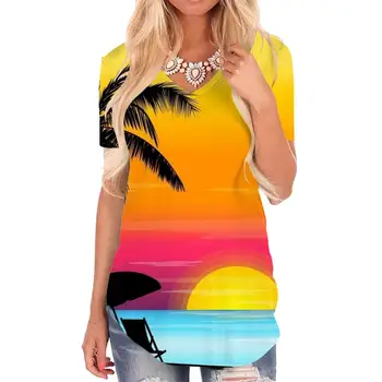 Giyu Firmowa Hawajska koszulka damskie Śmieszne koszulki z włókna kokosowego palmą, t-shirty z wizerunkiem Księżyca, 3d Koszulka V-neck z Dekoracje, Odzież damska w stylu hip-hop
