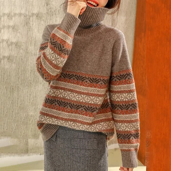 Jesienno-zimowy nowy wełniany sweter w stylu etnicznym z ворсовым wysokim kołnierzem i dekoltem, wełniany sweter darmo cięcia, sweter, damski