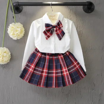 Szkolny styl, Wiosenno-jesienny Modny Zestaw Ubrań dla dziewcząt, Biała Koszula, Top z komórkowym krawatem + Komórkowa spódnica, Garnitur z 3 przedmiotów, Ubrania dla Dziewczyn