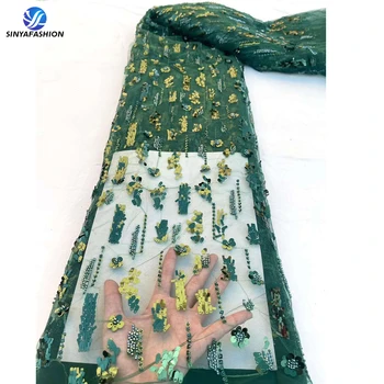 Zielony 3D Błyszczący Kwiat Afryki Francuska Siatki Koronki Hafty Luksusowe Cekiny Koronki Tkaniny Koralik 5960